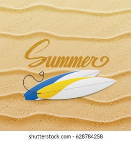 Summer inscriptions on sand coast background with surfboards. Calligraphic phrase. Vector illustration