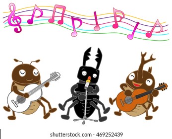 Summer insect band plays musical instruments.