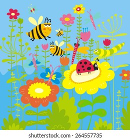 summer insects grass flowers vector design