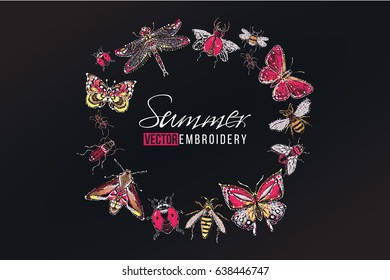 Summer insects round border. T-shirt composition woman design. Embroidery and rhinestones fashion crystal patch with insects illustration. Isolated on black background.