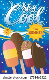 A summer inspired advert featuring hand lettered text and four different delicious popsicles, also known as ice lollies