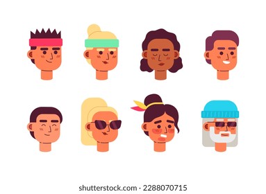 Summer inspired people semi flat vector character heads pack. Sporty, stylish. Editable cartoon face emotions. Simple colorful avatar icons. Spot illustration bundle for web graphic design, animation