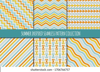 Summer inspired seamless pattern collection. Classic geometric design background set. Zigzag, chevron, pinstripe, wavy line print kit. Geo vector bundle. All ornaments were added in swatches palette