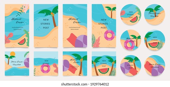 summer Insta story templates and highlights covers vector set. Social media background design with floral and tropical leaf and colorful textures. Abstract minimal trendy style wallpaper. 