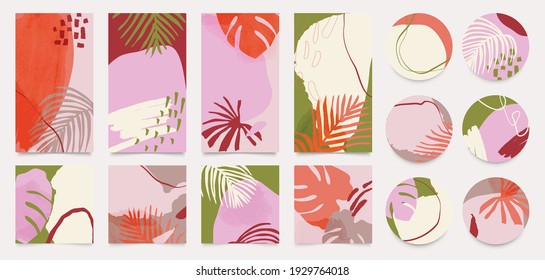 plantillas de historia Insta de verano y notas destacadas cubre el conjunto de vectores. Diseño de fondo de medios sociales con hojas florales y tropicales y texturas coloridas. Resumen de fondo de pantalla de estilo minimalista. 