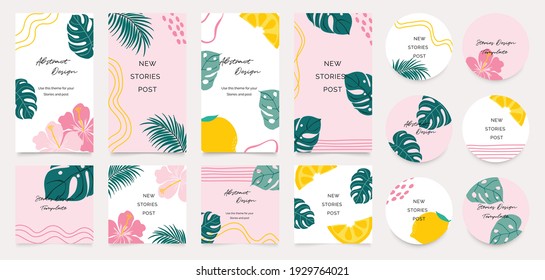 summer Insta story templates and highlights covers vector set. Social media background design with floral and tropical leaf and colorful textures. Abstract minimal trendy style wallpaper. 