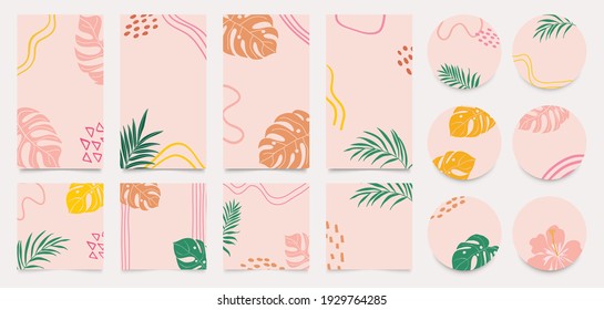 summer Insta story templates and highlights covers vector set. Social media background design with floral and tropical leaf and colorful textures. Abstract minimal trendy style wallpaper.