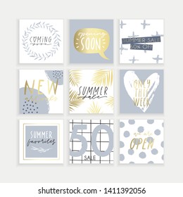 Summer Instagram business, fashion, brand ad templates collection for posts and stories advertising.  Social media trends. Textured, patterns, background. Soft pale blue pastel color palette. Vector 