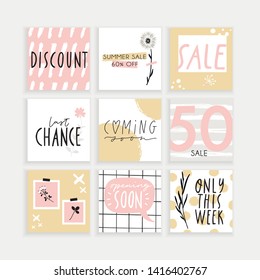 Summer Instagram business, fashion, brand ad templates collection for posts and stories advertising.  Social media trends. Textured, patterns, background. Pink sand gold white color palette. Vector 