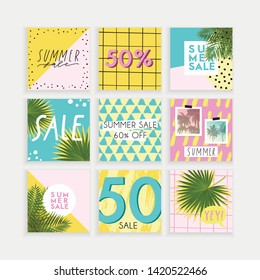 Summer Instagram business, fashion, brand ad templates set for posts, stories advertising. Social media tropical trendy textured patterns, monstera palm leaves background. Bright tropical leaf vector