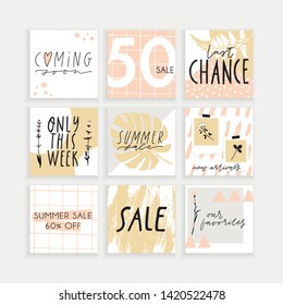 Summer Instagram business, fashion, brand ad templates set for posts, stories advertising. Social media tropical trendy textured patterns, monstera palm leaves background. Bright tropical leaf vector