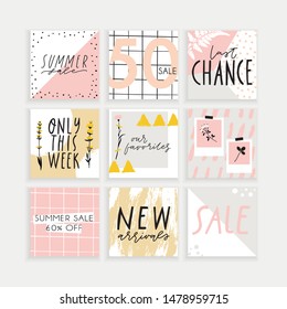 Summer Instagram 
business, fashion, brand ad templates set for posts, stories advertising. Social media tropical trendy textured patterns, monstera palm leaves background. Bright tropical leaf vector