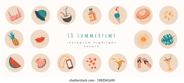 Summer instagram highlight covers on beige. Summertime colorful icons set for blogger and influencer social media, stories, blog.Tropical vacation. Collection of scrapbooking elements for beach party