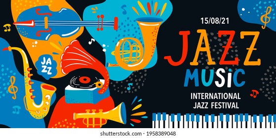 Summer International Jazz Music Festival.Creative Modern Poster,banner,flyer With Classic Music Instruments And Handdrawn Lettering.Vector Illustration For Music Events,jazz Concerts And Other Design.