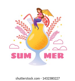 Summer Invitation Card. Cartoon Vector Woman Sitting on Big Glass Filled with Cocktail. Happy Smiling Girl Chatting Social Network via Phone and Sharing Best Vacation Moment. Flat Natural Illustration