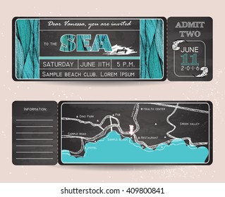 Summer Invitation Template. Chalkboard design. Ticket to a sea party or celebration with road map