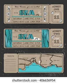 Summer Invitation Template on kraft paper. Ticket to a sea party or celebration with road map
