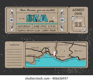 Summer Invitation Template on kraft paper. Ticket to a sea party or celebration with road map