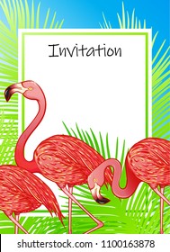 Summer invitation template. Pink flamingo in tropical palm leaves. Exotic, bright and sunny design for print.