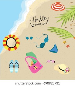 Summer invitations consist of sea, sandy beaches, trees, swimwear, hats. And sunglasses That is an illustration of the background.