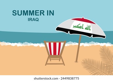 Summer in Iraq, beach chair and umbrella, vacation or holiday in Iraq, vacation concept vector design, summer holiday, sea sand sun, travel and tourism idea