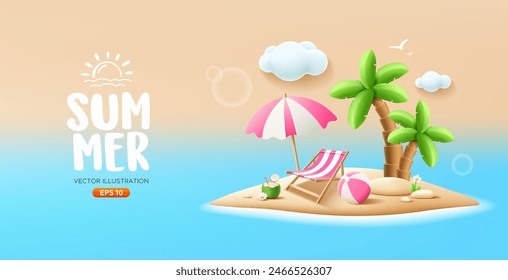 Summer island beach, coconut trees. pile of sand, coconut fruit, beach umbrella, beach chair, beach ball, banner design, on sea background, vector illustration