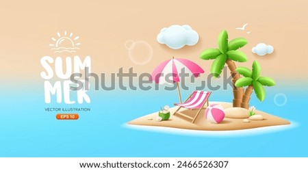 Summer island beach, coconut trees. pile of sand, coconut fruit, beach umbrella, beach chair, beach ball, banner design, on sea background, vector illustration