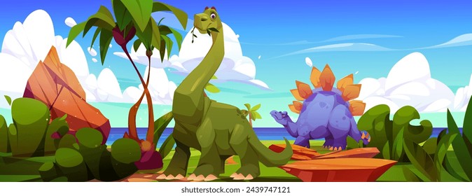 Isla de verano con dinosaurio cerca del paisaje marino. Escena de fondo del océano tropical con braquiosaurio y triceratops. Aventura en la playa ilustración panorámica con hermosa vista de la palmera