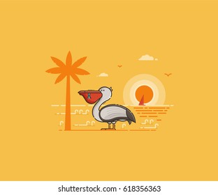 Summer island landscape with large sea bird on beach by sunset in flat design. White pelican with full beak on tropical seaside background. Summertime travel concept vector illustration.