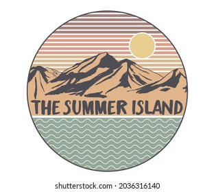 The summer island with mountain watercolor hand paint t shirt design. 