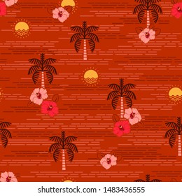 Summer Island in the ocean icon elements  Seamless summer pattern such as palm trees , hibiscus flower , sun . 
