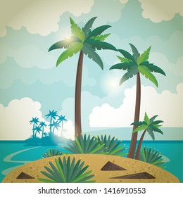 Summer island with palms trees and sea brightly scenery cartoons vector illustration