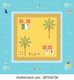 Summer Island with people swimming,surfing,sunbathing,playing sand in retro vintage map style