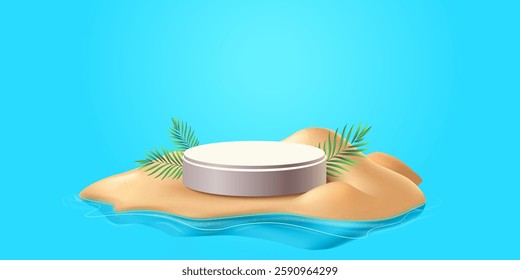 Summer Island Podium with Palm Leaves on Blue Background