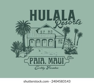 summer island resort vector design, outdoor palm beach, retro vintage vacation artwork for t shirt, sticker, graphic print, tropical holidays vector art, maui motel illustration