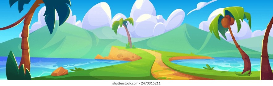 Summer island scenery with palm trees. Vector cartoon illustration of tropical land with green mountain, coconuts on palm trees, lush grass on coast, footpath on sea shore, clouds in blue sunny sky