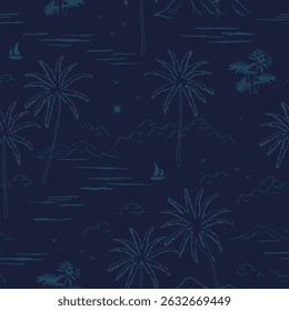 Padrão contínuo da ilha de verão no fundo azul marinho, paisagem com palmeiras, praia e oceano em estilo desenhado à mão, ilustração vetorial