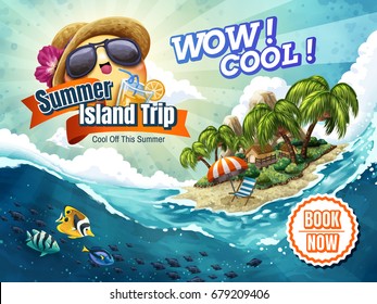 Summer Island Trip Tour, Attractive Vacation Tour Package Ad For Travel Agency Or Blog With Tropical Elements