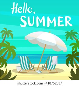 Summer island vacation vector illustration with deck chairs, beach, white umbrella. Template travel poster