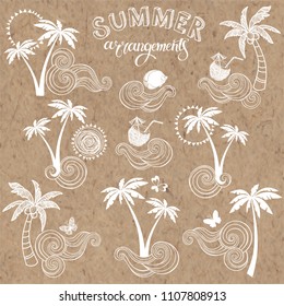 Summer isolated arrangements, nine variants.Vector hand-drawn illustrations on kraft paper.