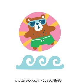 Summer isolated illustration with cute brown bear on inflatable rubber ring on the beach. Vector childish hand drawn illustration in simple hand drawn modern style