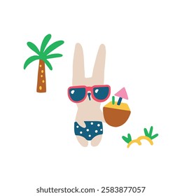 Summer isolated illustration cute bunny in swimming trunks with coconut on the beach walking. Vector childish hand drawn illustration in simple hand drawn modern style.