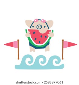 Summer isolated illustration with cute pig eating watermelon after swimming on the beach. Vector childish hand drawn illustration in simple hand drawn modern style