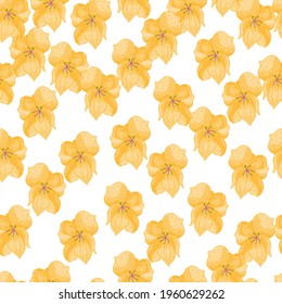 Summer isolated scrapbook seamless pattern with outline orange orchid flowers. White background. Graphic design for wrapping paper and fabric textures. Vector Illustration.