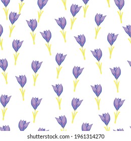 Summer isolated seamless pattern with purple little crocus flowers shapes. White background. Graphic design for wrapping paper and fabric textures. Vector Illustration.