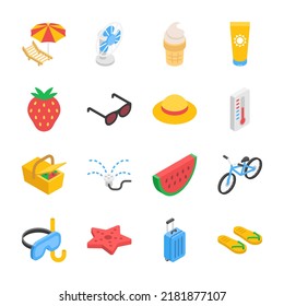 Summer isometric icons set. Attributes of a summer vacation. Travel, entertainment, clothing and fruit. Objects collection