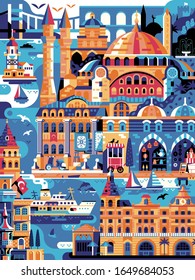 Summer Istanbul travel poster with landmarks including Hagia Sophia, Galata and Maidens Tower, Haydarpasha Station, ferry boat and easten bazaar. Vertical Turkey coast town panoramic print.