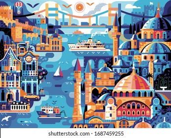 Summer Istanbul travel poster with landmarks including Hagia Sophia, Rumeli Hisari fortress, Fatih Sutan Bosphorus bridge, ferry boat, osman and mosques. Horizontal Turkey cityscape panoramic print.