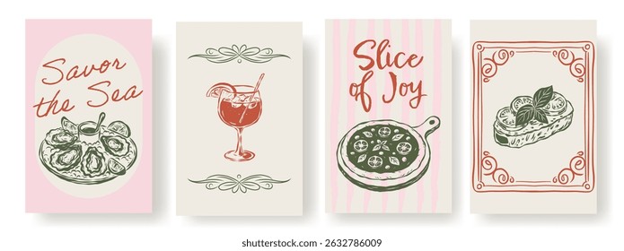 Poster de comida italiana de verão com ostras, coquetel, pizza e Bruschetta - desenhado à mão ilustrações vetoriais, paleta de cores vintage, estética mediterrânea para arte de parede, decoração de café, ou papelaria