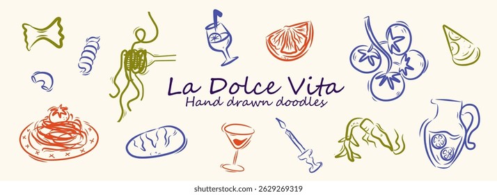 Comida italiana de verão. Jantar mediterrâneo desenhado à mão com massa, padaria, pizza, coquetel, vinho. Dolce vita estética caprichosa ícone de doodles. Perfeito para impressão, menu de design, adesivo. La dolce Vita